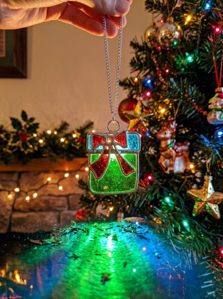 Handmade Stained Glass Gift Box Necklace & Suncatcher Ornament, Festive Christmas Present Window Hanging Charm