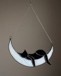 Handmade Stained Glass Black Cat on Moon Suncatcher – Celestial Window Hanging