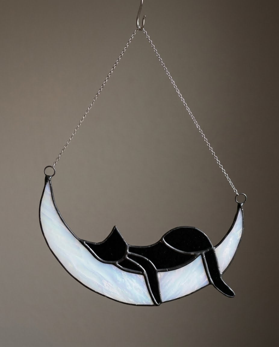 Handmade Stained Glass Black Cat on Moon Suncatcher – Celestial Window Hanging