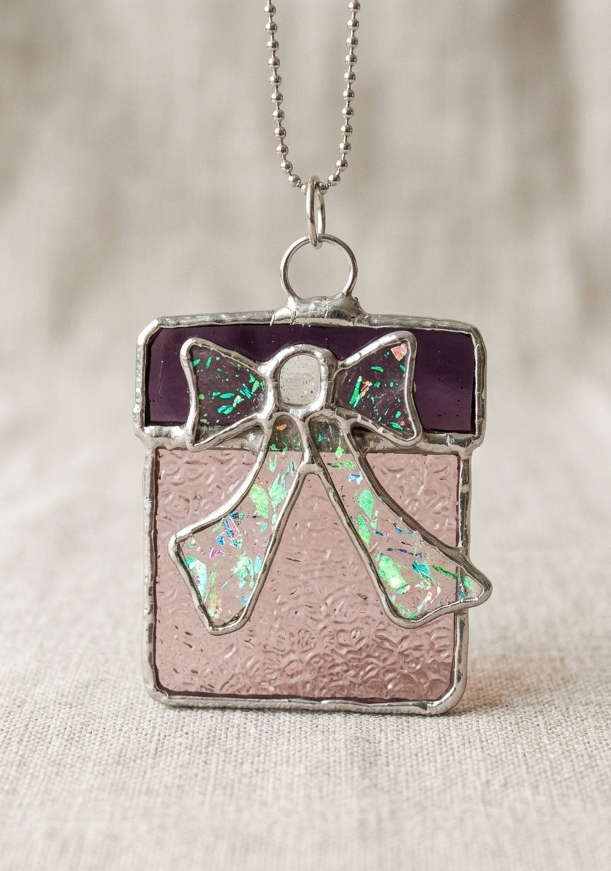 Handmade Stained Glass Gift Box Necklace & Suncatcher Ornament, Festive Christmas Present Window Hanging Charm