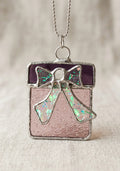 Handmade Stained Glass Gift Box Necklace & Suncatcher Ornament, Festive Christmas Present Window Hanging Charm