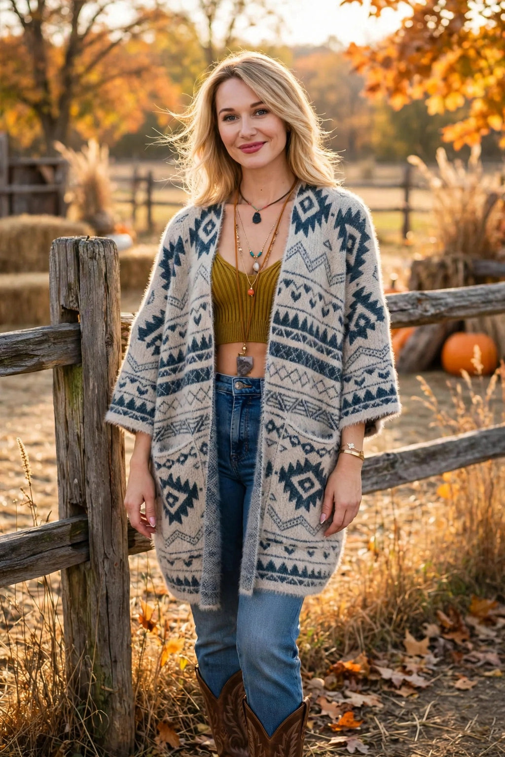 Aztec soft knit cardigan worn with jeans and cowboy boots by a ranch fence