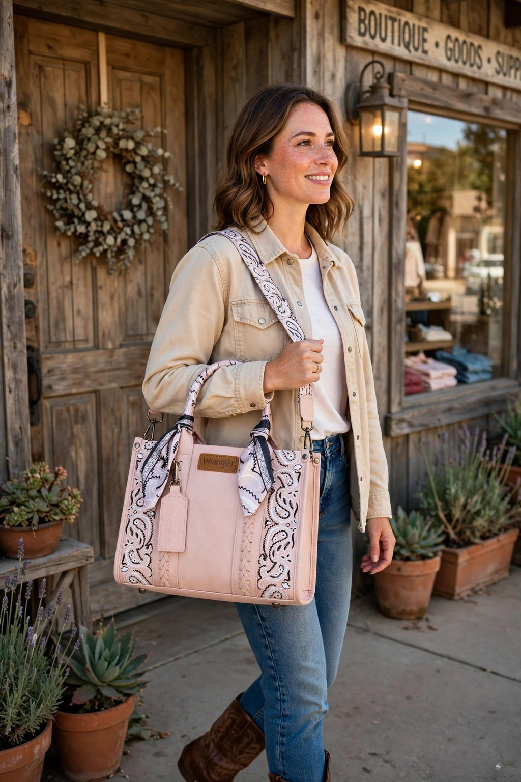 Wrangler paisley bandana tote bag worn on the shoulder outside a western boutique
