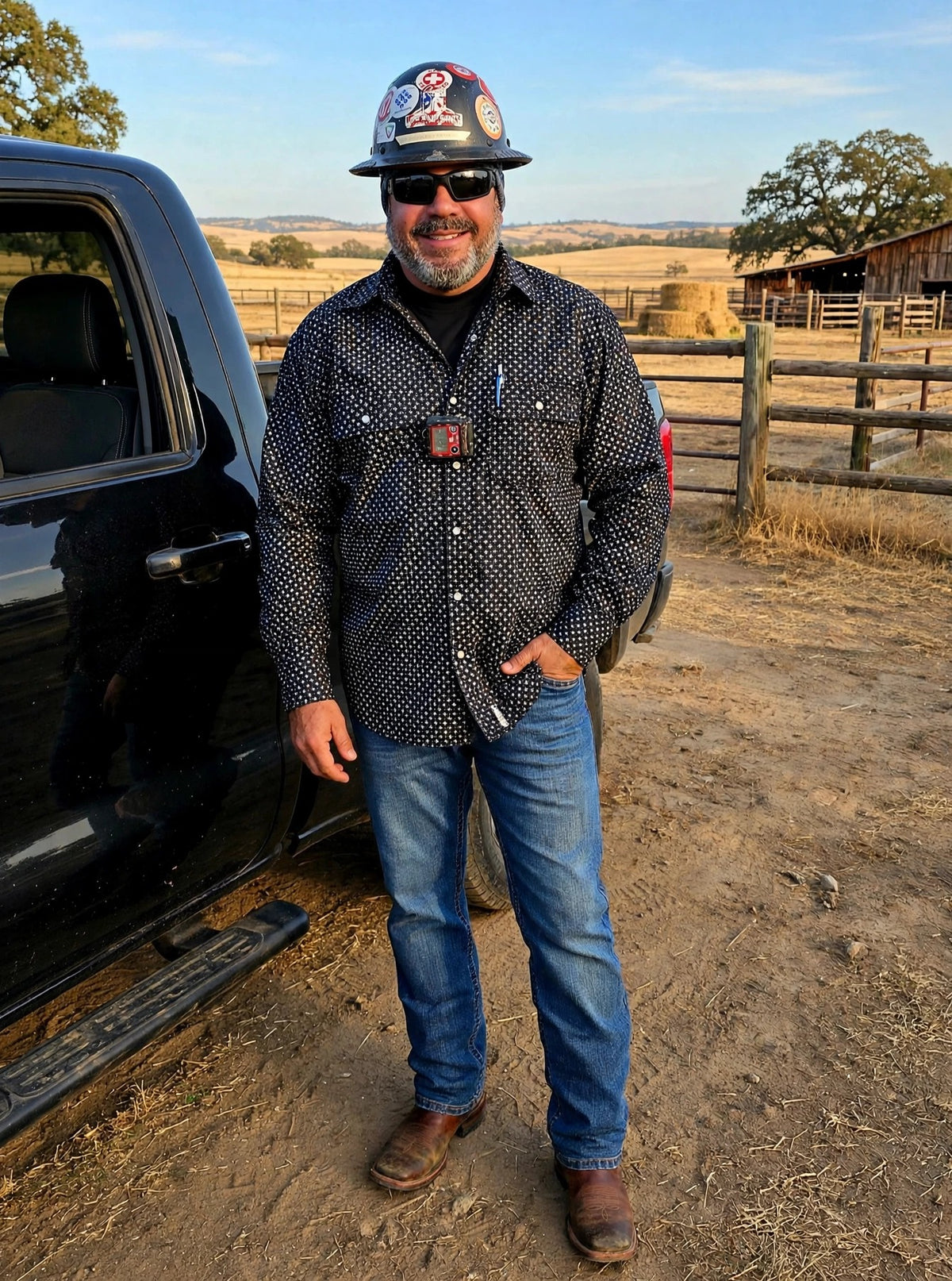 Reaper Black FR pearl snap work shirt worn with jeans and work boots by a pickup truck