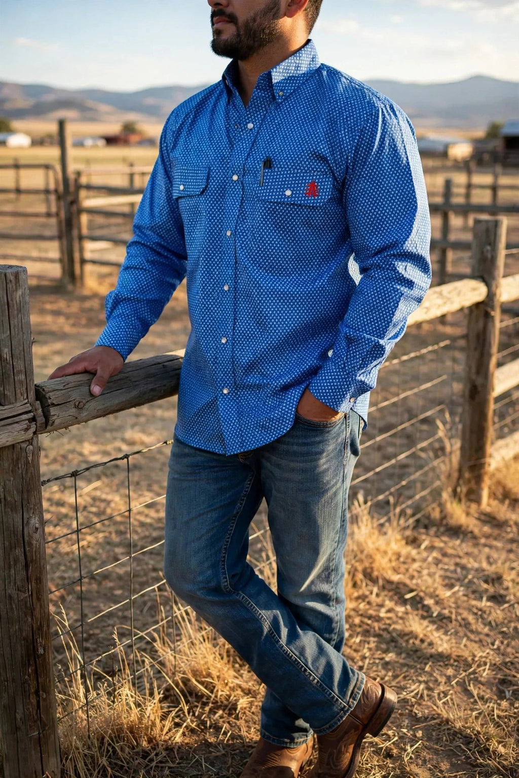 Royal Blue FR Pearl Snap Work Shirt — lifestyle photo