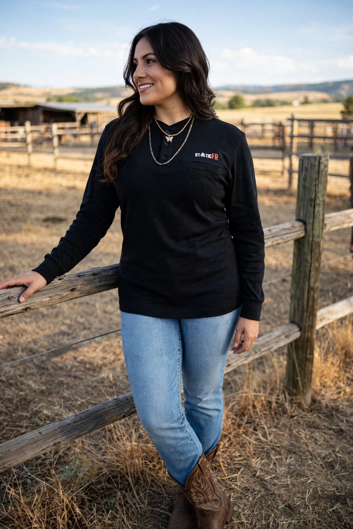 Black Women's FR Henley — lifestyle photo